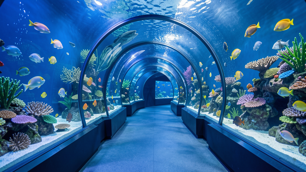 Underwater aquarium tunnel with tropical fish and marine life