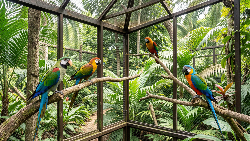 Colorful tropical birds in open aviary