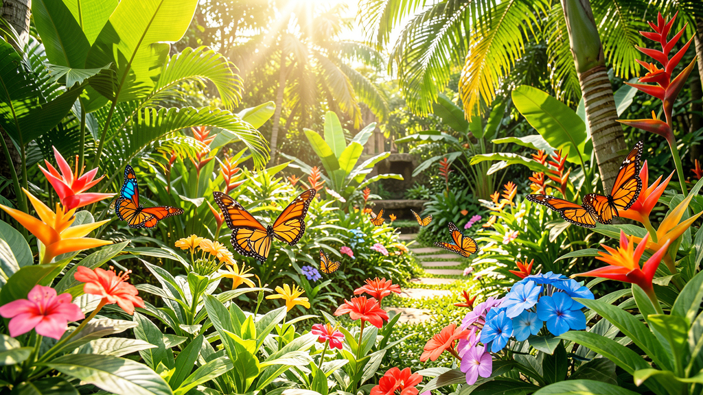 Colorful butterflies on tropical flowers in garden setting