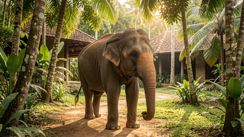 Elephant in shaded zoo enclosure with tropical vegetation
