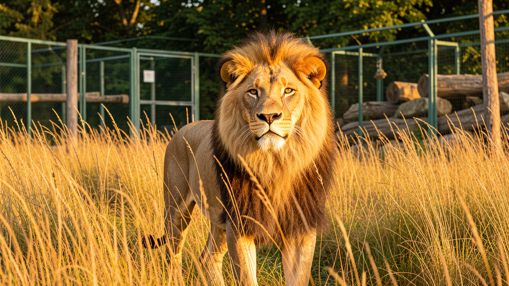 Majestic lion in golden grass habitat