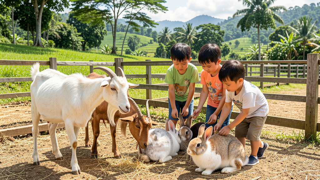 Children feeding farm animals at zoo petting corner