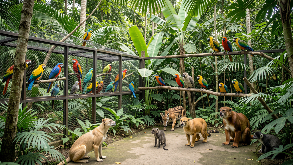 Tropical zoo aviary with colorful birds in lush green setting